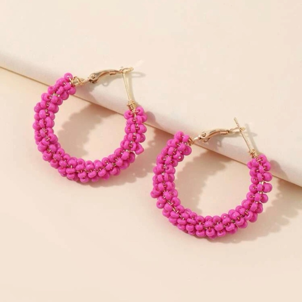 Pink Beaded Hoop‎ Earrings